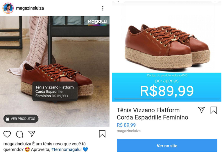 instagram shopping sendo utilizado no perfil do magazine luiza para vender um tênis