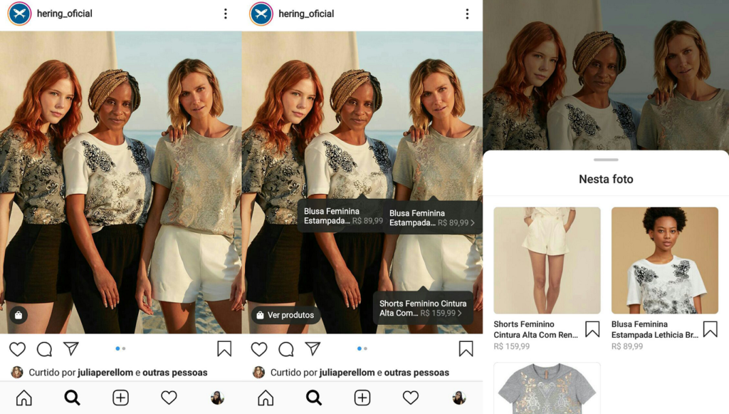 o perfil da hering usa o instagram shopping para vender roupas. na foto, vemos três modelos usando blusas que estão à venda no aplicativo