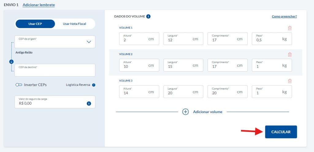 Preencha o peso e as medidas de cada volume, em seguida, clique em "Calcular".