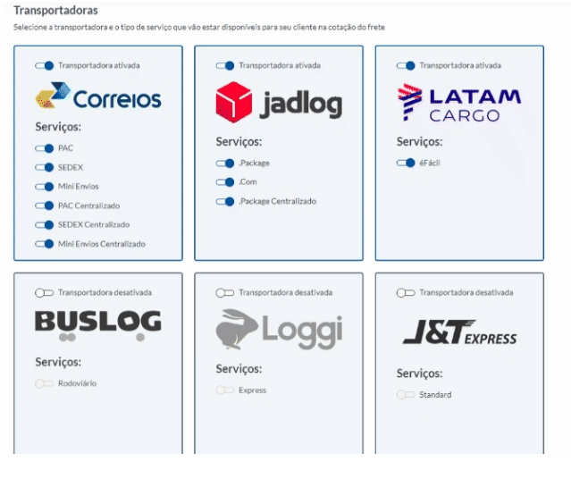 6 transportadoras na integração Melhor Envio e Tray: Correios, Jadlog, Latam, Buslog, Loggi e J&T