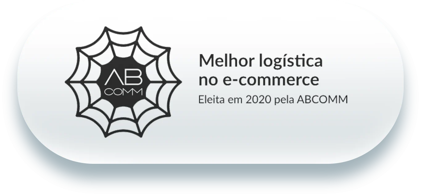 Logo do Premio do melhor envio ABCOMM na cor preta escrito Melhor logística no e-commerce. Eleita em 2020 pela ABCOMM
