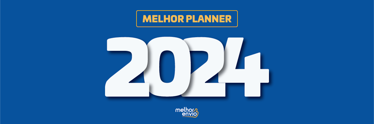 Imagem com fundo azul escuro com frase Melhor Planner em amarelo, 2024 em branco e o logo do Melhor Envio.