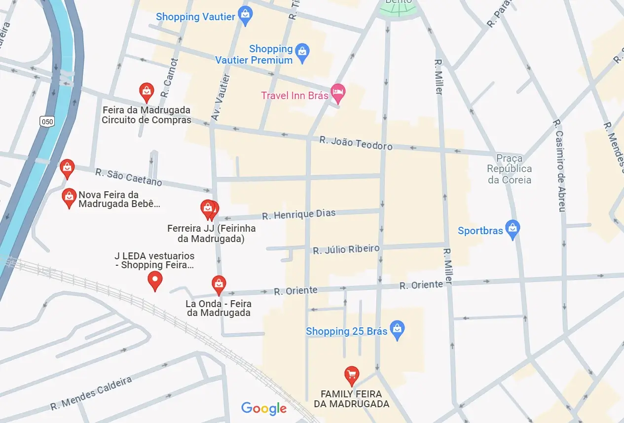 Mapa da região da feira da madrugada do Brás em São Paulo