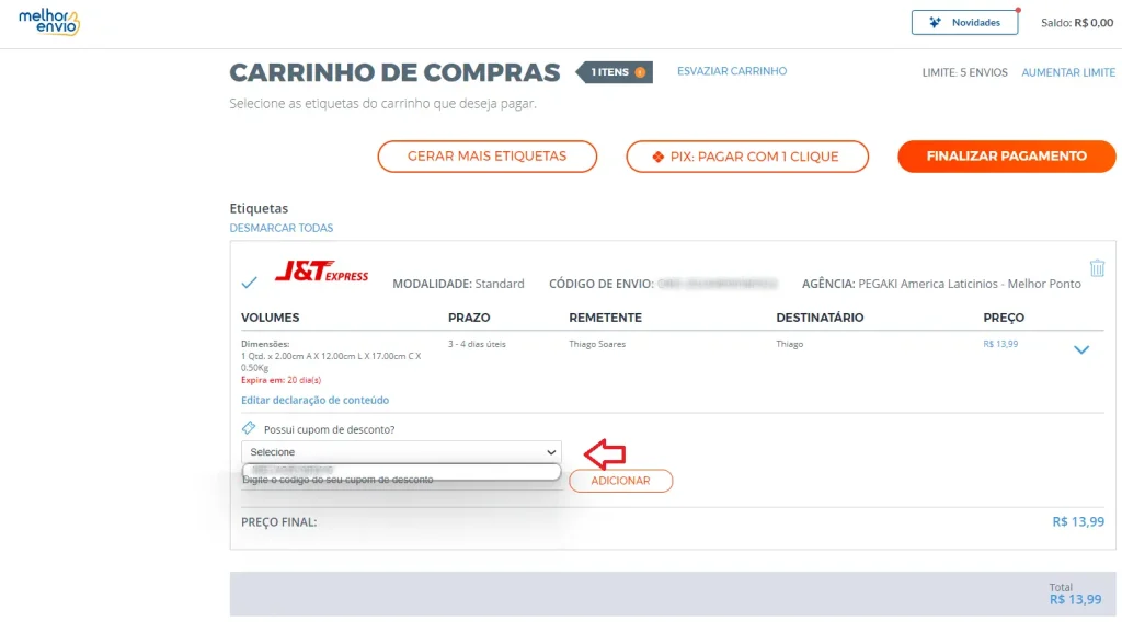 Após inserir o pedido da etiqueta de frete no carrinho, selecione o cupom de desconto cadastrado.