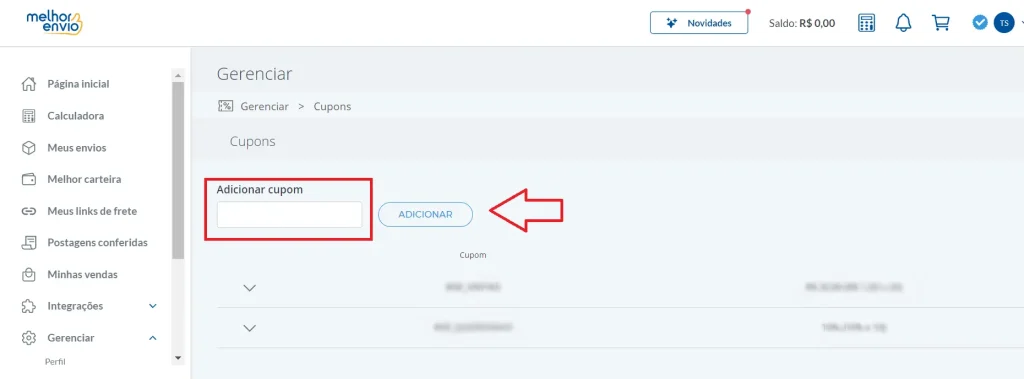Digite o código no campo Adicionar cupom e depois clique em Adicionar.