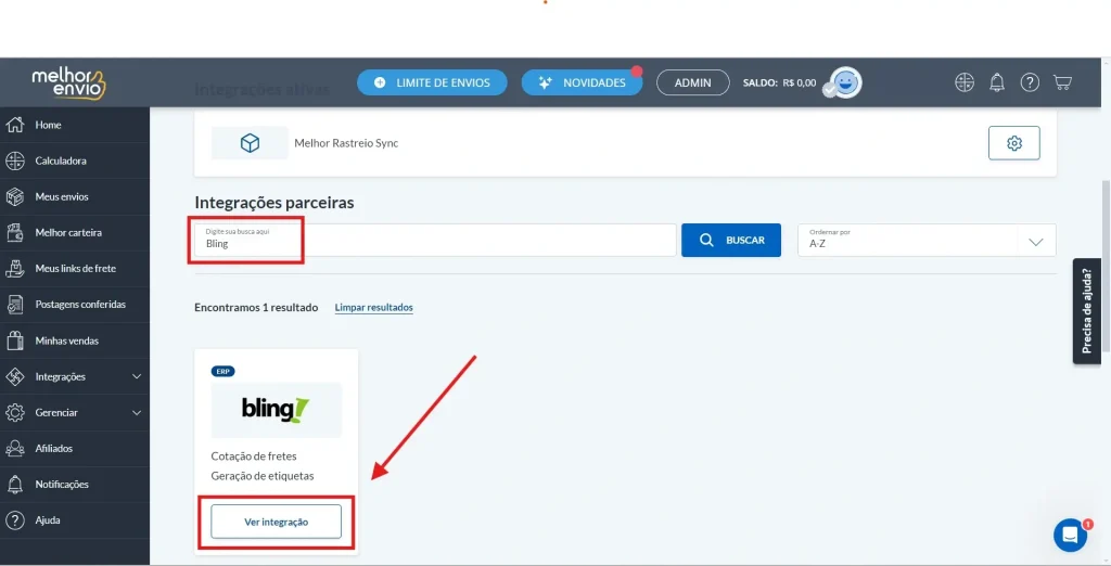 Digite Bling no campo de pesquisa, clique em buscar e em seguida clique em ver integração