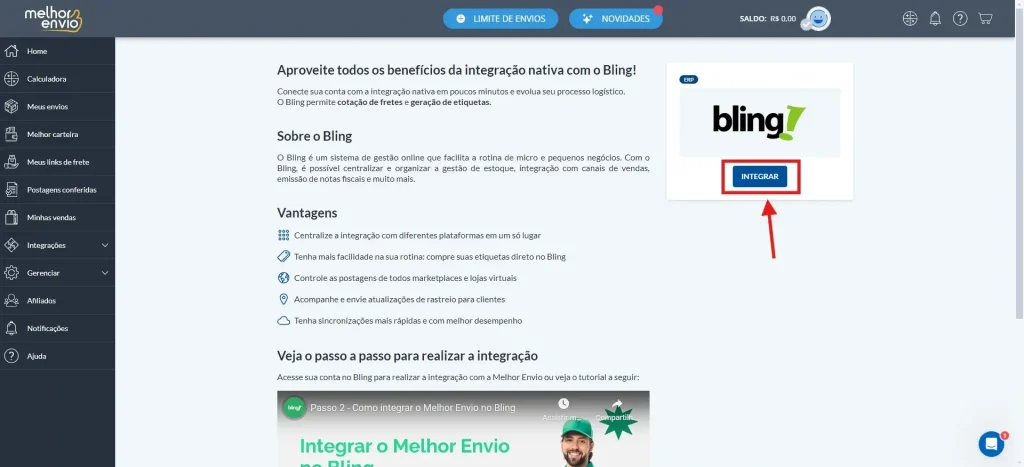 Clique em integrar para avançar na configuração do erp bling no Melhor Envio