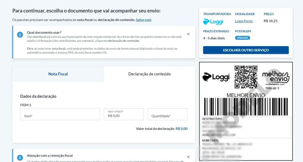 Agora, preencha os dados necessários para uma entrega comercial. Primeiro, anexe a nota fiscal ou declaração de conteúdo que será fixada ao pacote.