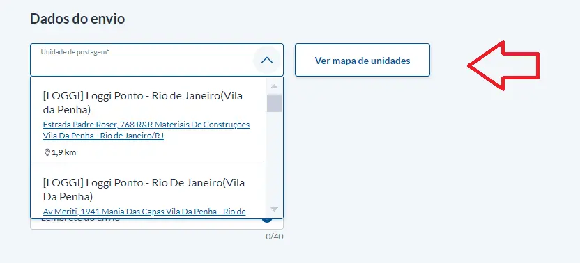 Escolha a unidade de postagem Loggi onde será realizada a postagem do pacote.