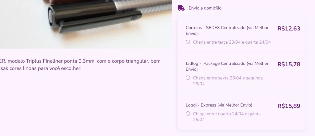 Exemplo da Calculadora de Frete do Melhor Envio aplicada em uma loja virtual