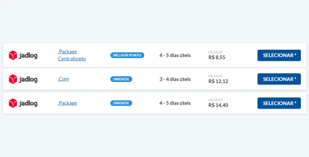 modalidades de envio Jadlog apresentadas na Calculadora de Frete do Melhor Envio