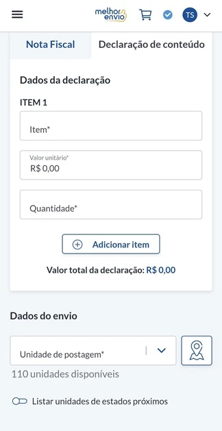 Passo 6 - Na próxima etapa, informe os dados da nota fiscal ou da declaração de conteúdo e a unidade da transportadora onde será feita a postagem